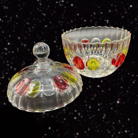 Flashed Art Glass Covered Dish Bowl W Lid Thumbprint Pattern Red Yellow 7”T 5.5” - Picture 8 of 10